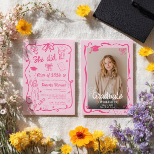 Invitación Dibujos animados femeninos de color rosa caliente 