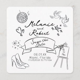 Invitación Dibujos Caprichosos en Negro y Blanco para Guardar