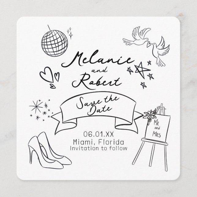 Invitación Dibujos Caprichosos en Negro y Blanco para Guardar (Anverso)