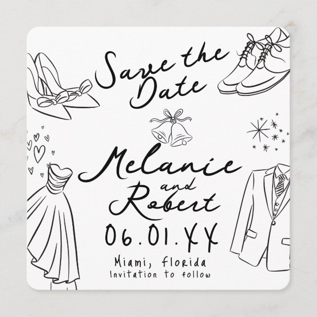Invitación Dibujos Caprichosos para Novia Save the Date (Anverso)