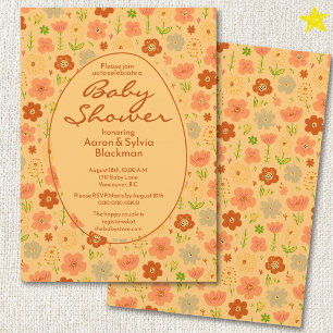 Invitación Dibujos de flores naranjas de primavera para baby 