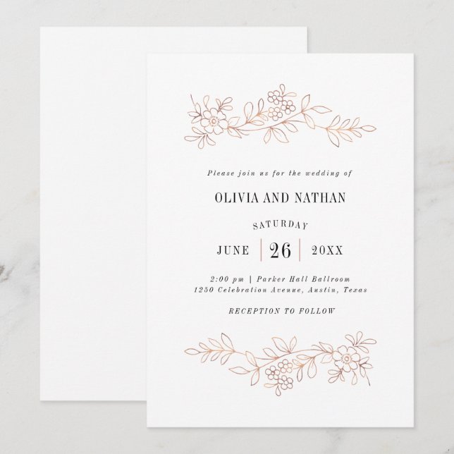 Invitación Dibujos de línea botánica de oro falso Rosa | Boda (Anverso / Reverso)