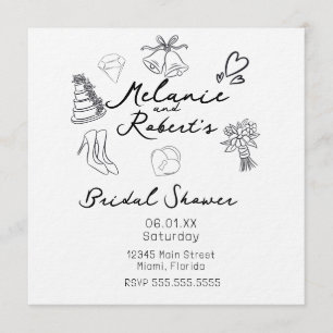 Invitación Dibujos Divertidos Bridal Shower Blanco Negro