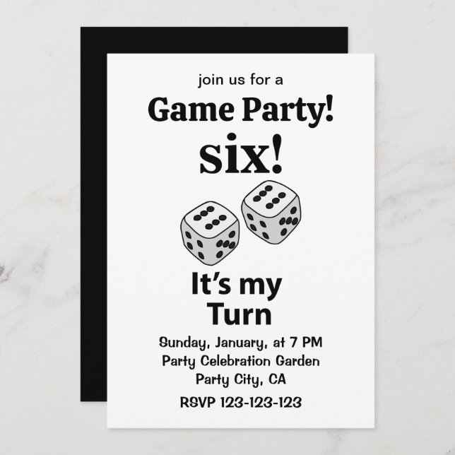 Invitación Dice Rolling Six It's My Turn Roll Dice (Anverso / Reverso)