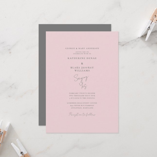 Invitación Diciendo Sí Una Boda Elegante Rosa Y Gris (Anverso/Reverso In Situ)