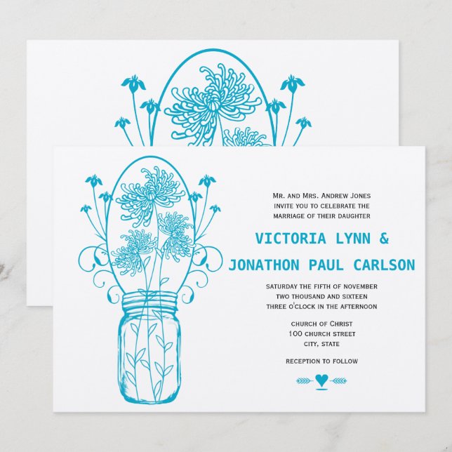 Invitación Die Cut Aqua Blue Mason Jar Boda de flores silvest (Anverso / Reverso)
