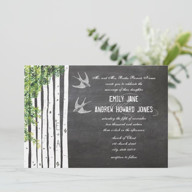 Invitación Die Cut Chalkboard Love Bird Birch Tree Boda (Anverso de pie)