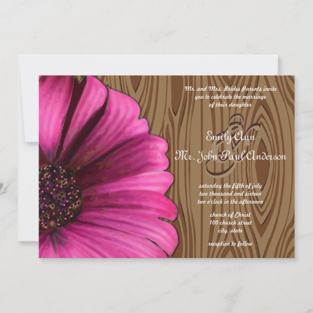 Invitación Die Cut Fuchsia Gerber Daisy Wood Grain Boda (Anverso)