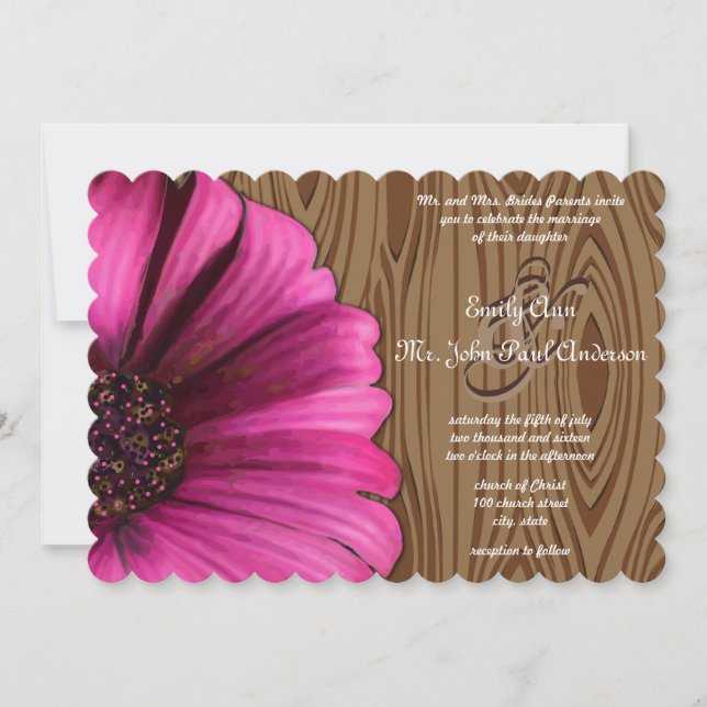 Invitación Die Cut Fuchsia Gerber Daisy Wood Grain Boda (Anverso)