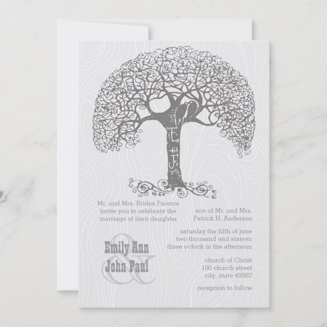 Invitación Die Cut Gray Romantic Tree Love Bird Woodgrain (Anverso)