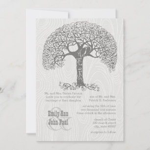 Invitación Die Cut Gray Romantic Tree Love Bird Woodgrain
