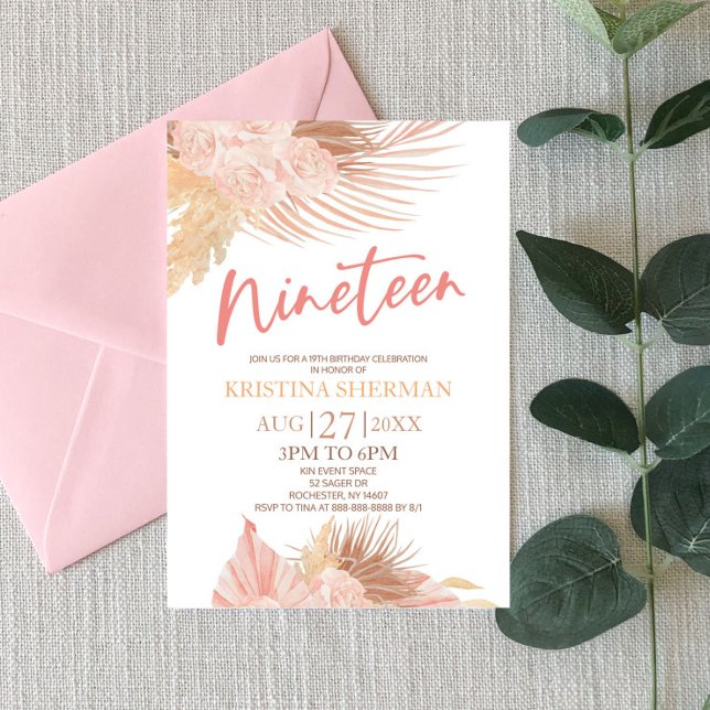 Invitación Diecinueve Fiesta de cumpleaños del Boho Pink Flor (Subido por el creador)