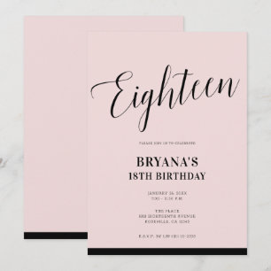 Invitación Dieciocho 18 18 Script Minimalista Moderno Rosa Ne