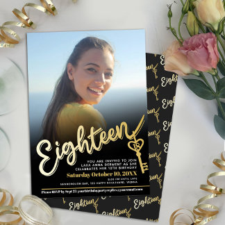 Invitación Dieciocho foto llave de oro negro 18 cumpleaños