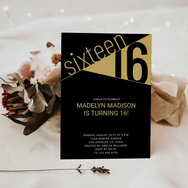 Invitación Dieciséis | Black & Gold 16th Birthday Party (Sixteen | Black & Gold 16th Birthday Party Invitation
)