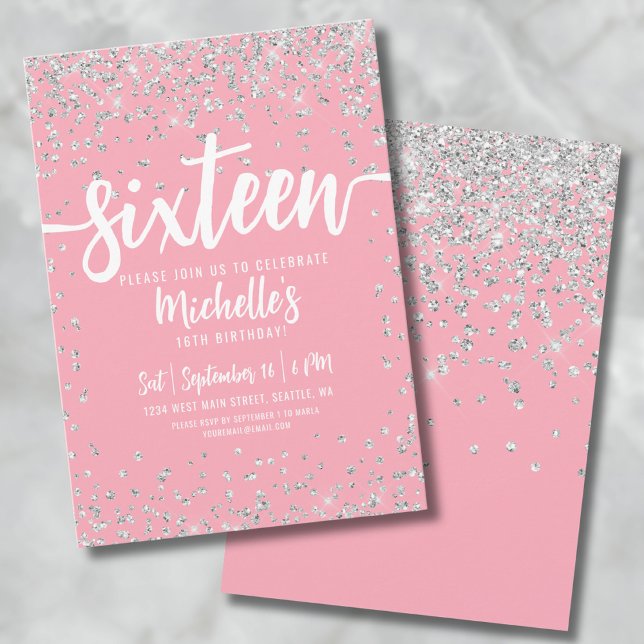 Invitación Dieciséis Brillo Rosa Elegante Chic Dulces 16 (16th Pink Glitter Sweet Sixteen Birthday Invitation)