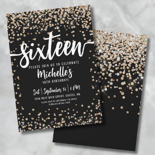 Invitación Dieciséis Cumpleaños 16 Brillantes de Oro Negro