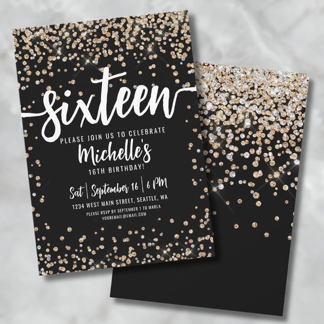 Invitación Dieciséis Cumpleaños 16 Brillantes de Oro Negro (Sixteen Black And Gold Glitter 16th Birthday Invitation)