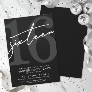Invitación Dieciséis Cumpleaños 16 Negro Blanco