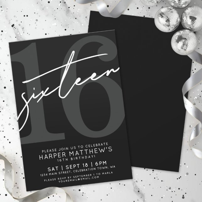Invitación Dieciséis Cumpleaños 16 Negro  Blanco (Sixteen Black White 16th Birthday Invitation)