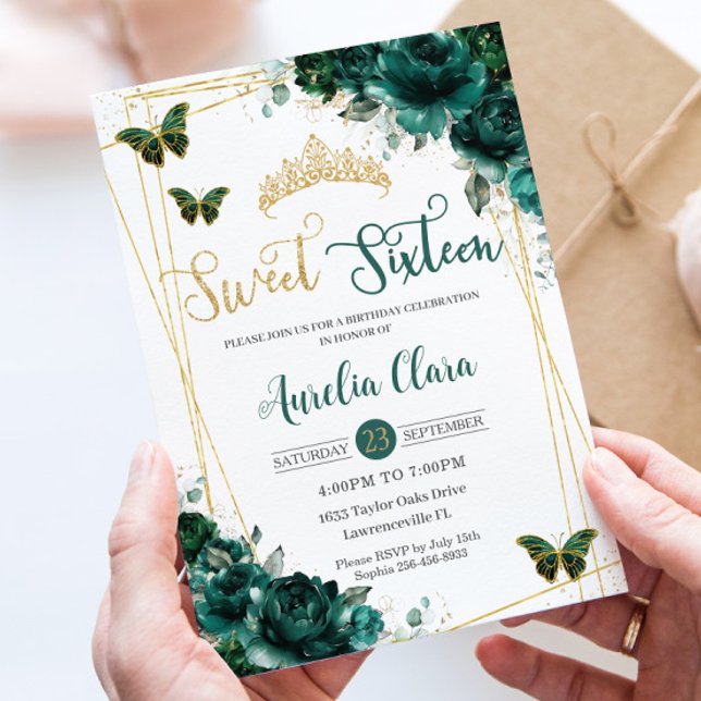 Invitación Dieciséis Dieciséis Mariposas Florales Esmeraldas  (Subido por el creador)