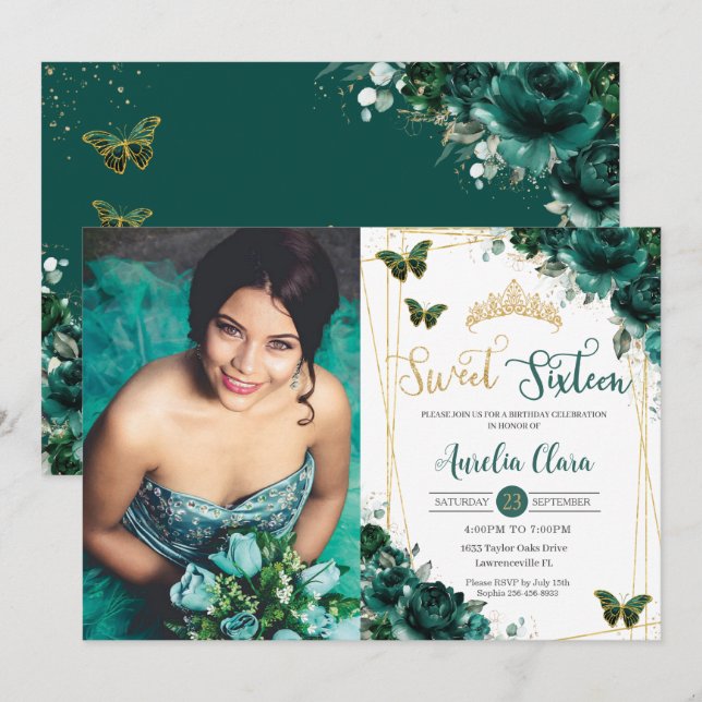 Invitación Dieciséis Dieciséis Mariposas Florales Esmeraldas  (Anverso / Reverso)