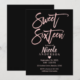 Invitación DIECISÉIS DULCE 16 Rosa Dorado Foil y Moderno Negr