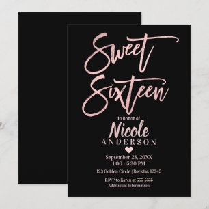 Invitación DIECISÉIS DULCE 16 Rosa Dorado Foil y Moderno Negr