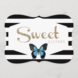 Invitación Dieciséis dulce con mariposas azules y doradas