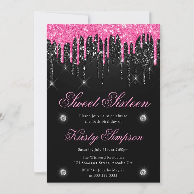 Invitación Dieciséis Dulces de Glitter Negro y Rosa (Anverso)