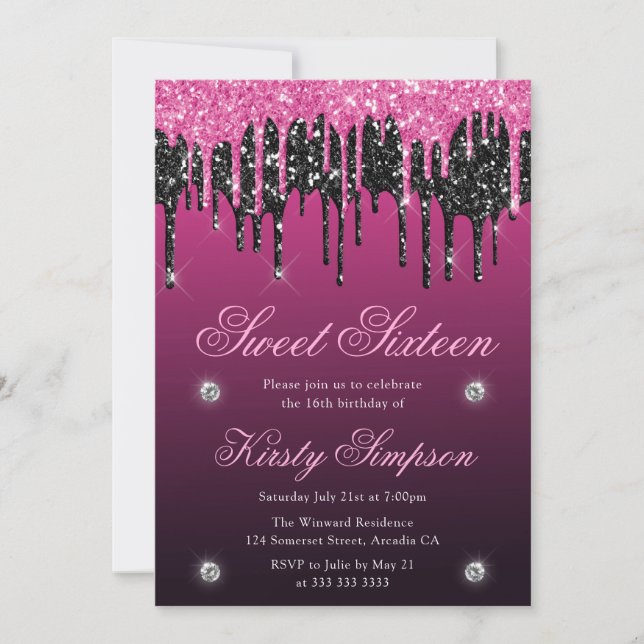 Invitación Dieciséis Dulces de Glitter Negro y Rosa (Anverso)