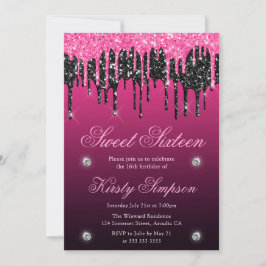 Invitación Dieciséis Dulces de Glitter Negro y Rosa
