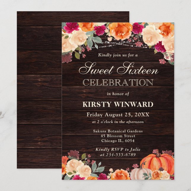 Invitación Dieciséis Dulces Florales de Calabaza Naranja de O (Anverso / Reverso)