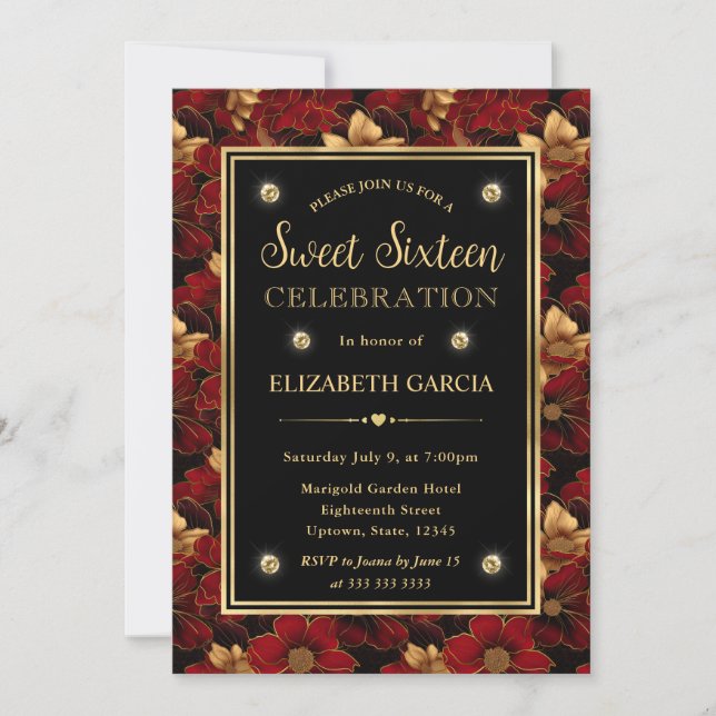 Invitación Dieciséis Dulces Florales de Mármol Rojo Negro y D (Anverso)