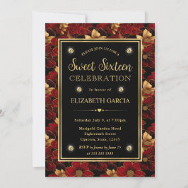 Invitación Dieciséis Dulces Florales de Mármol Rojo Negro y D