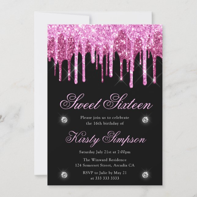 Invitación Dieciséis Dulces Glitter Negro y Rosa que Gotea (Anverso)