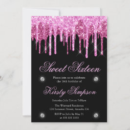 Invitación Dieciséis Dulces Glitter Negro y Rosa que Gotea