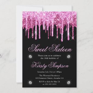Invitación Dieciséis Dulces Glitter Negro y Rosa que Gotea