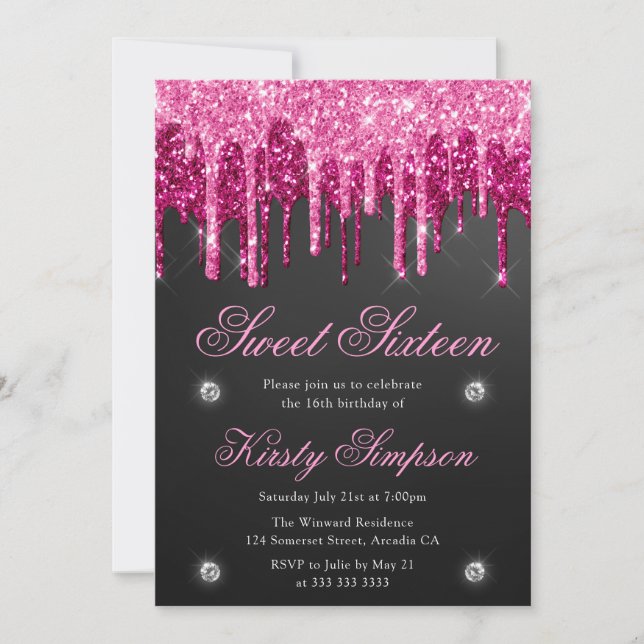 Invitación Dieciséis Dulces Glitter Negro y Rosa que Gotea (Anverso)