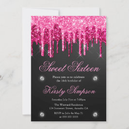 Invitación Dieciséis Dulces Glitter Negro y Rosa que Gotea