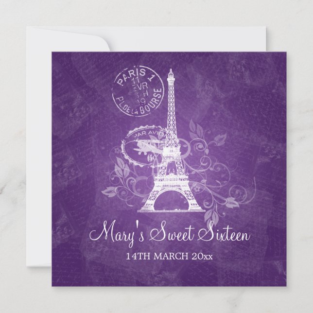 Invitación Dieciséis Fiestas románticos París morado (Anverso)
