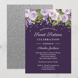 Invitación Dieciséis Floral Plateado Púrpura Acuarela