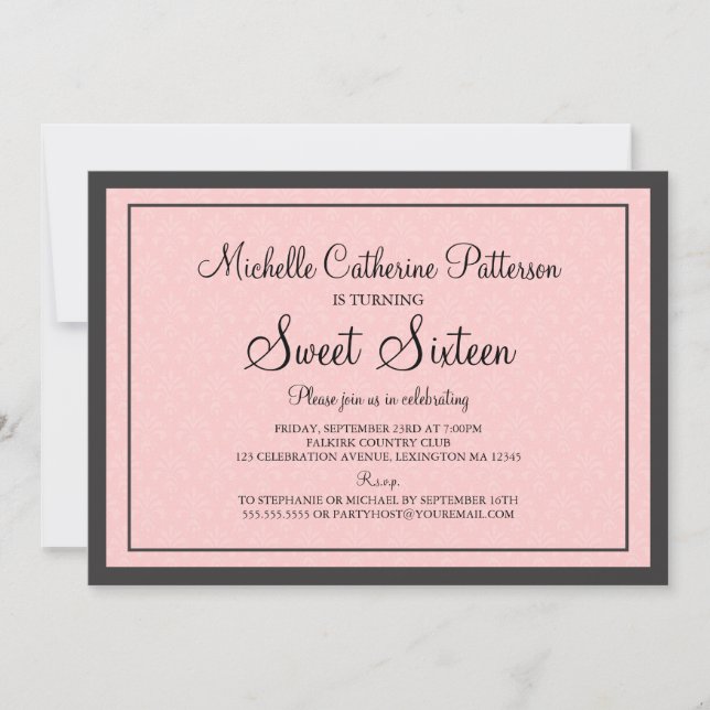 Invitación Dieciséis partes, tradicionales, formales, rosadas (Anverso)