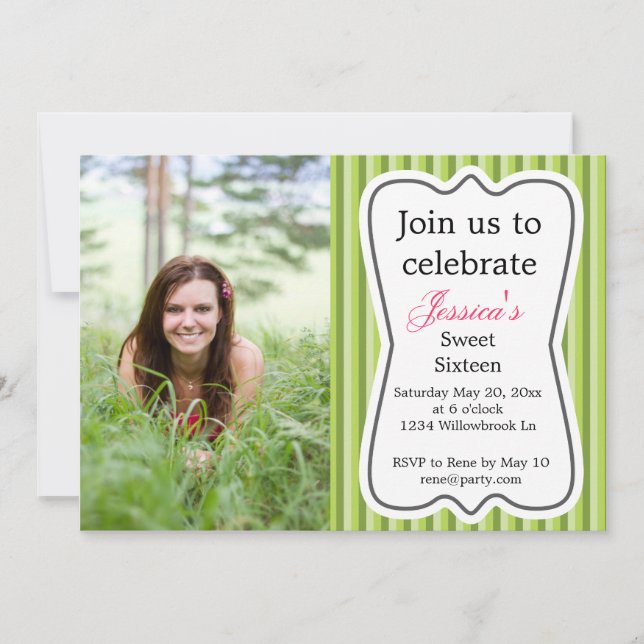 Invitación Dieciséis rayas modernas Chica verde (Anverso)