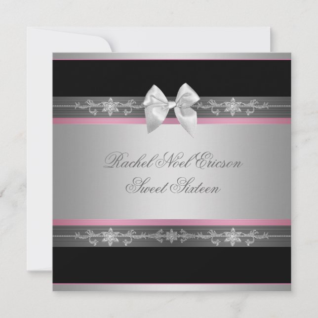 Invitación Dieciséis Rosa Negro Plateado Elegante (Anverso)