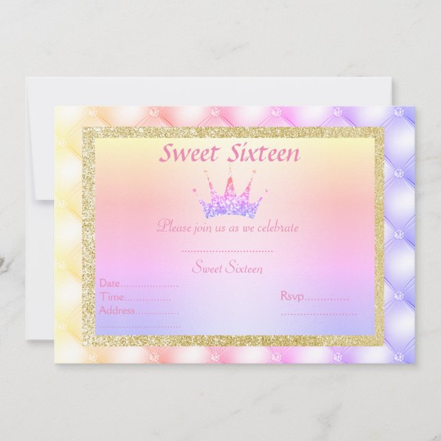 Invitación DIECISIETE PASTEL diamante TIARA CUMPLEAÑOS ORO (Anverso)