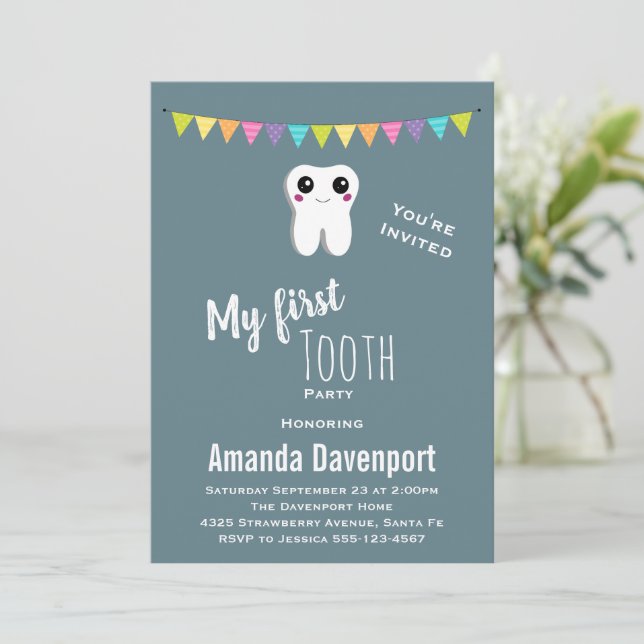 Invitación Diente Feliz Mi Primer Diente (Anverso de pie)