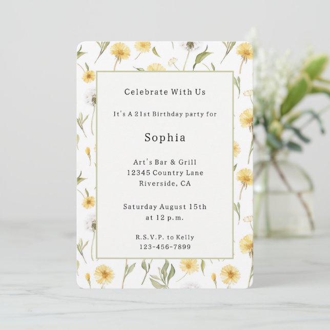 Invitación Dientes de León Flores Amarillas Blancas Cumpleaño (Anverso de pie)