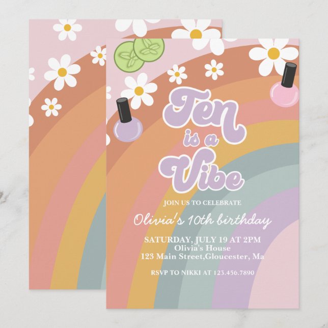 Invitación Diez es una vibra Spa Arcoíris 10 cumpleaños (Anverso / Reverso)