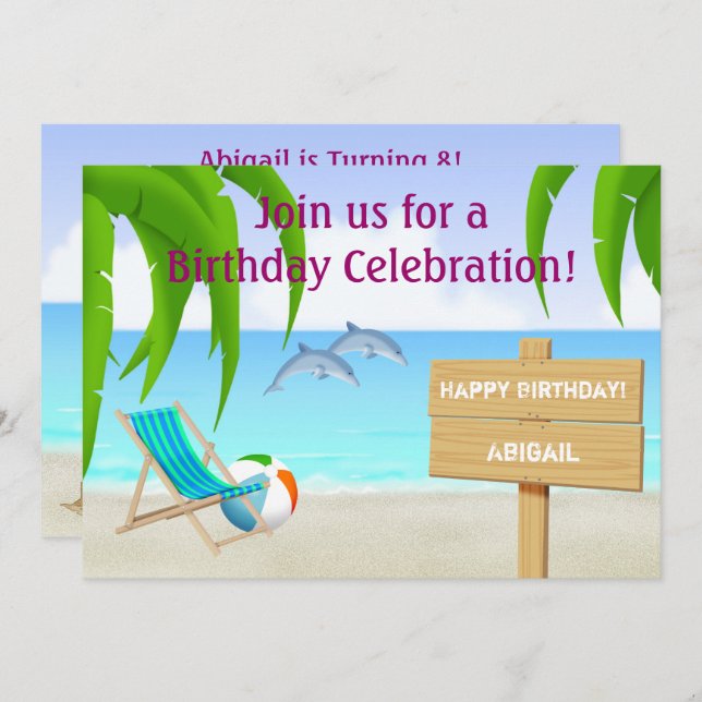 Invitación Diferencial de cumpleaños de la playa de los delfi (Anverso / Reverso)